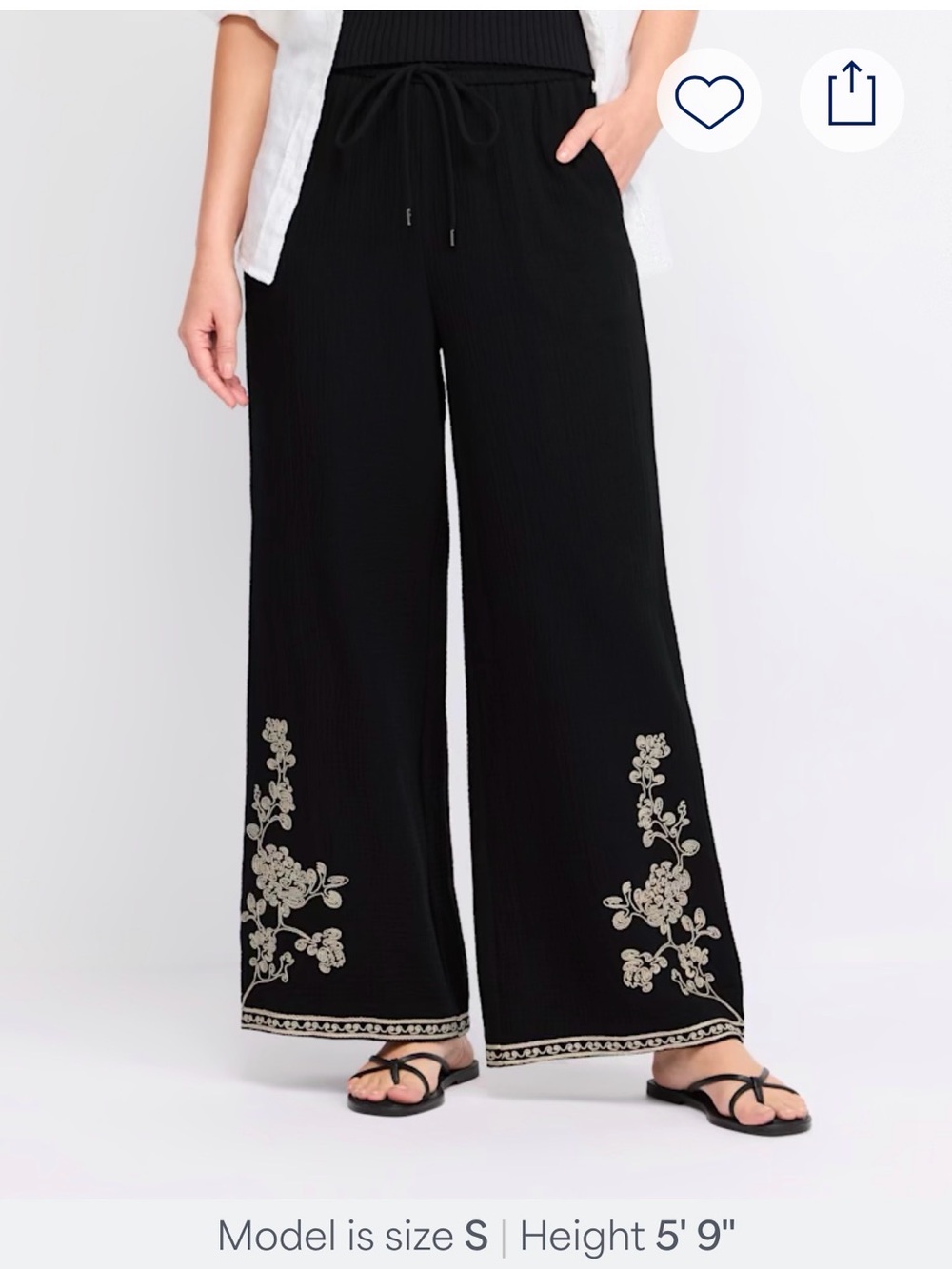 Skies Are Blue Black Wide-Leg Pants with Cream Floral Embroidery